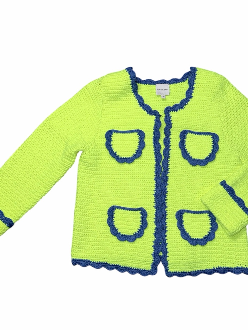 HUNTER BELL Neon Green Crochet Cardigan with Blue Trim